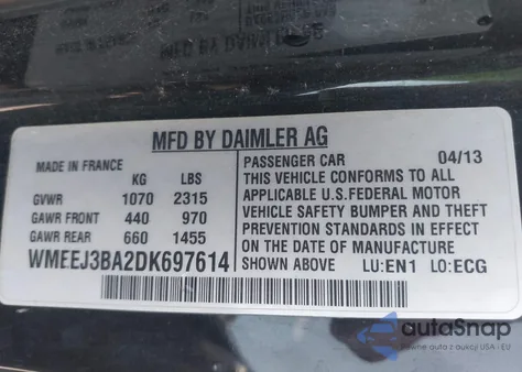 2013 Smart Fortwo Passion/Pure z USA, uszkodzony, nr VIN WMEEJ3BA2DK697614